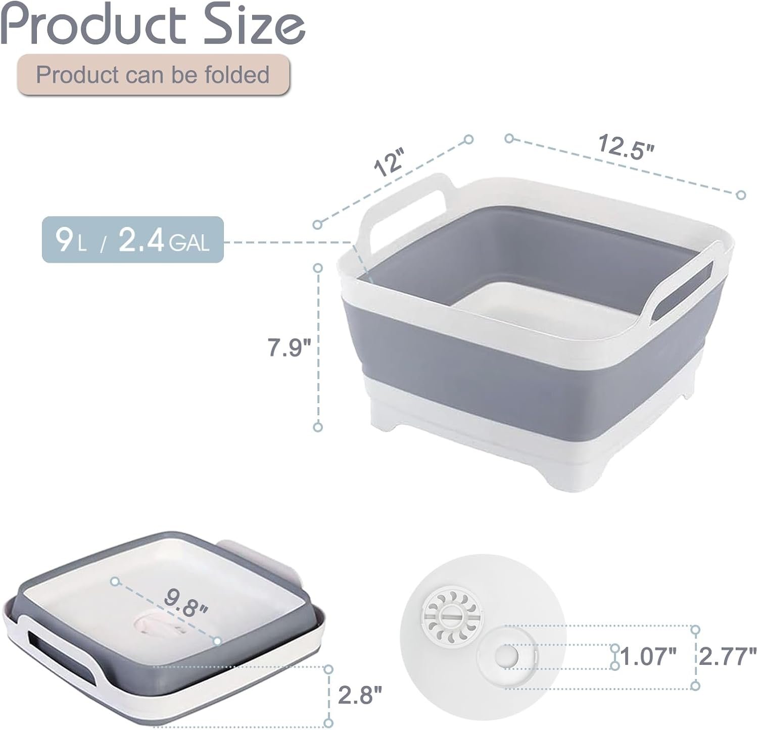 2.4 Gal(9L) Collapsible Dish Basin with Drain Plug, Space Saving Outdoor Multiuse Foldable Sink Tub, Dishpan, Kitchen Storage Tray for Camping, Vegetable Washing, RV (Gray)