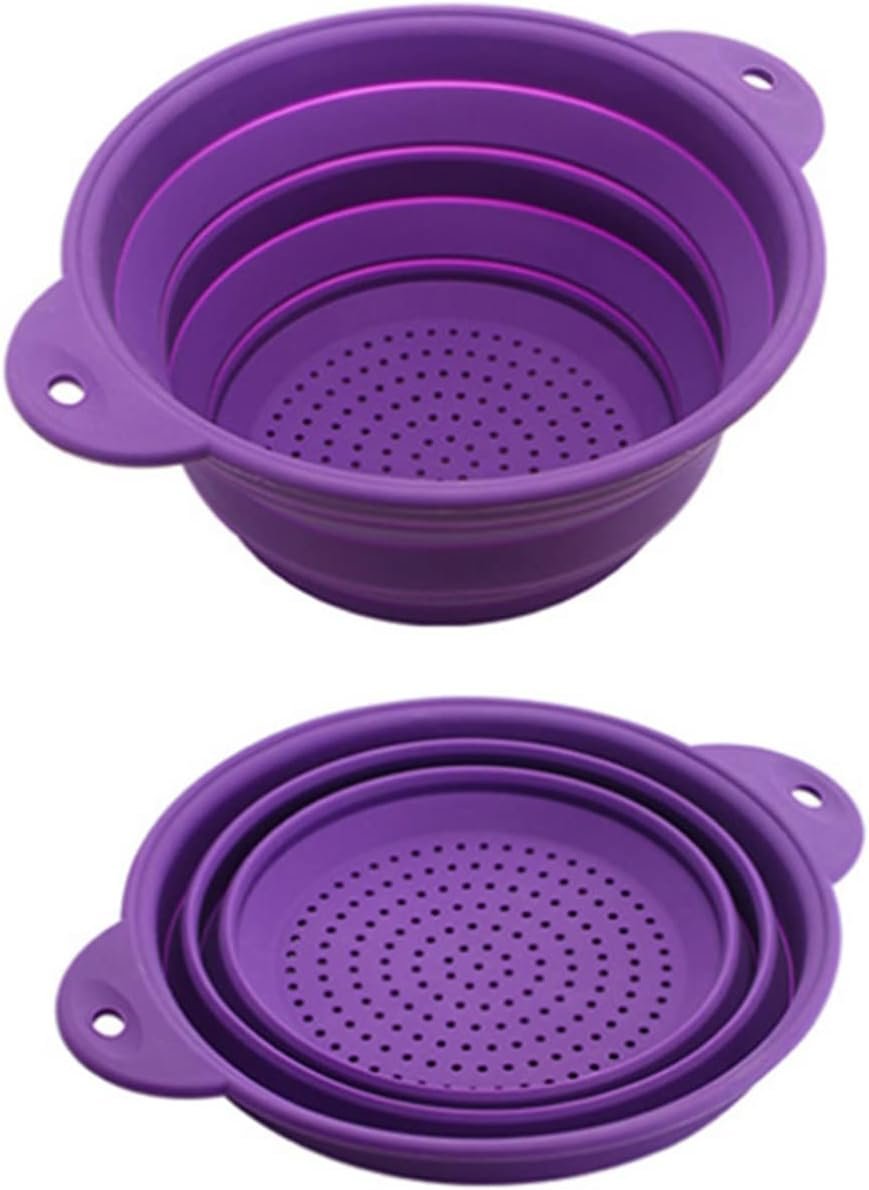 Folding Colander Drain Basket Set Fruit Vegetable Basket Foldable Silicone Strainer Colander Drainer Kitchen Sink Drain Basket Drain Rack Basket Strainer, Purple