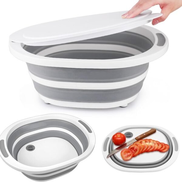 Collapsible BBQ Prep Tub with Lid, 7.5L Bottle Wash Basin with Drain Plug, Chopping Board Colander for Kitchen, Portable Camping Sink Dish Basin, Folding Dish Pan Storage Basket Picnic BBQ Accessories