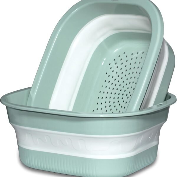Collapsible Dish Basin with Colander, Foldable 2-in-1 Dish Pan and Strainer Set with Drain Holes, Portable Wash Basin for Kitchen Sink, Camping, Travel & RV (Green)