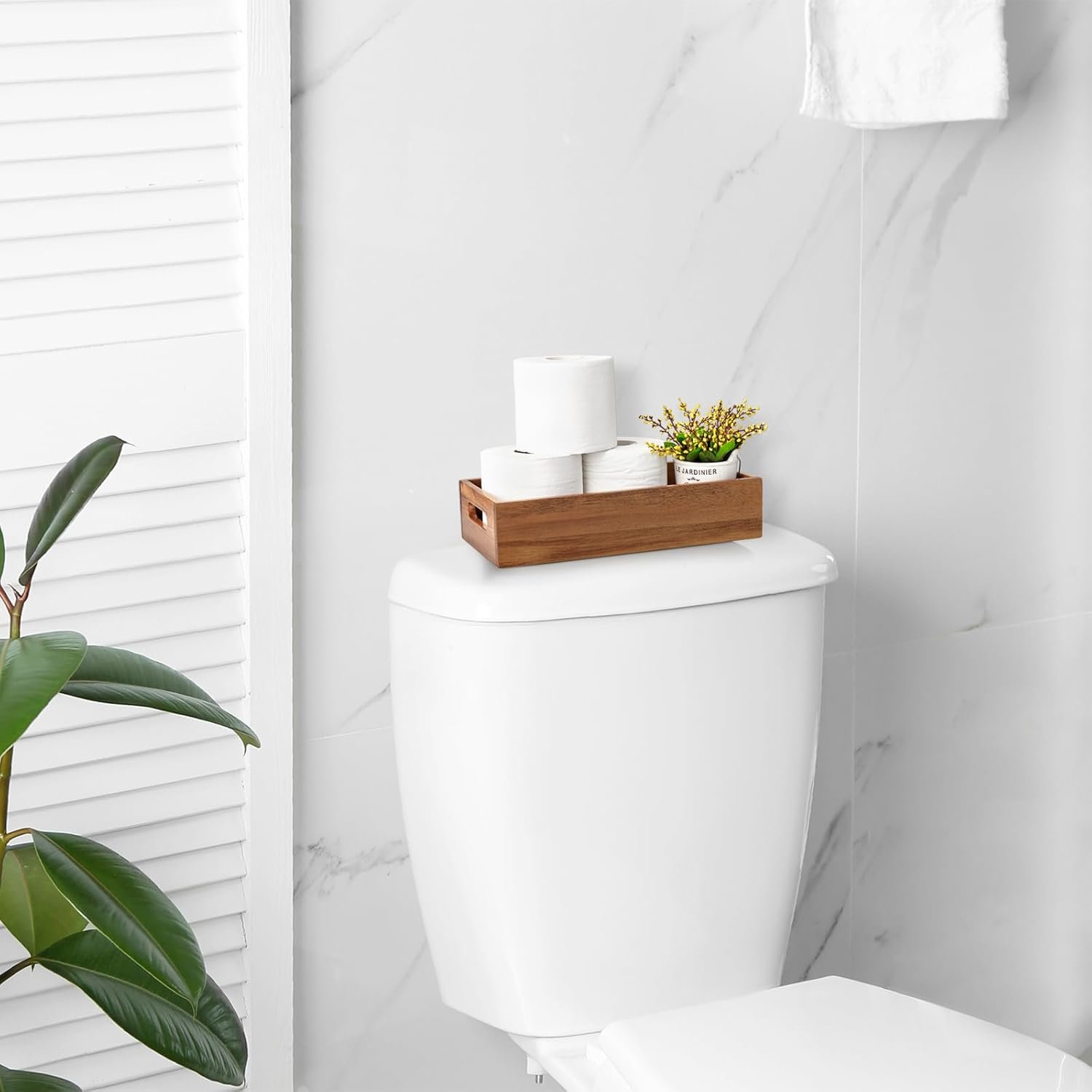 Acacia Wood Bathroom Organizer Basket – With Handles; Fits Over Toilet Tank; Also Suitable for Kitchen Pantry, Garage, or Laundry Room