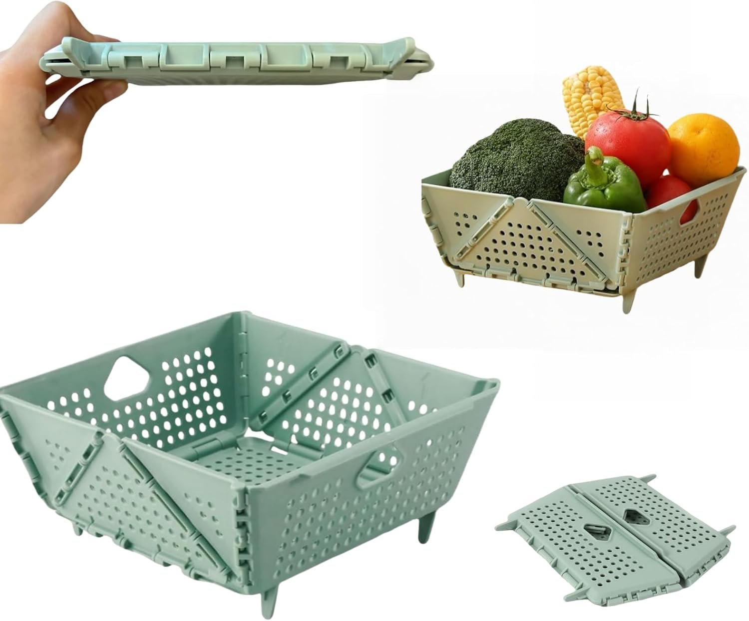 Collapsible Kitchen Colander and Strainer - Foldable Plastic Drain Basket for Fruit, Vegetables, Pasta - Space-Saving for Kitchen, RV, and Camping - BPA-Free & Dishwasher Safe (Green-1pcs)