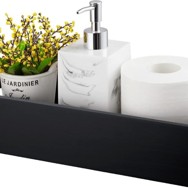 Black Bathroom Basket—Wooden Toilet Tank Top Storage Basket With Handles (Black)