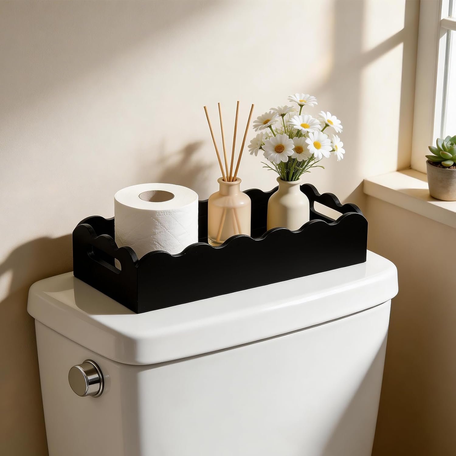 Scalloped-Edge Toilet Paper Storage Basket – Pine Wood with Handles; Fits Over Toilet Tank or on Bathroom Counter/Shelf (Black)