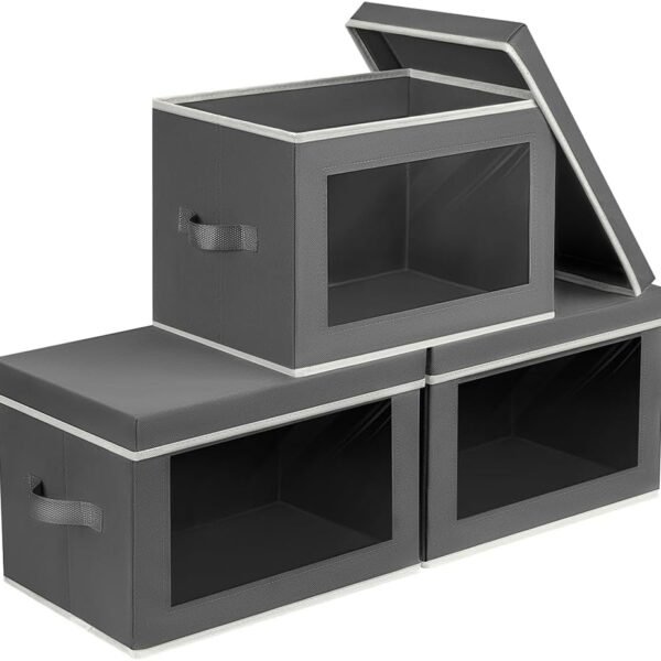 Storage Bins with Lids - Fabric Storage Boxes with Lids, Collapsible Storage Bins with Window, Decorative Closet Organizers and Storage for Clothes, Towels, Books, 3 Pack, Dark Grey
