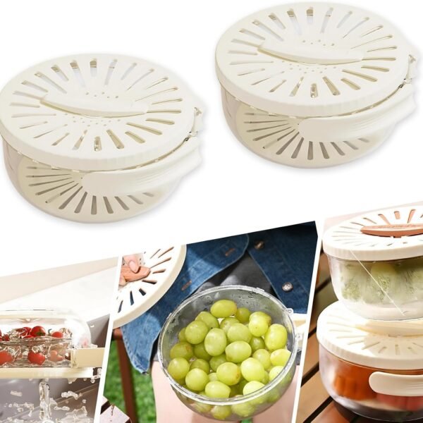 Multifunctional Fruit and Vegetable Washing Bowl with Lid 2-in-1 Plastic Drain Basket with Foldable Handle, Colanders and Strainers for Kitchen Use (White, 2 Pcs)