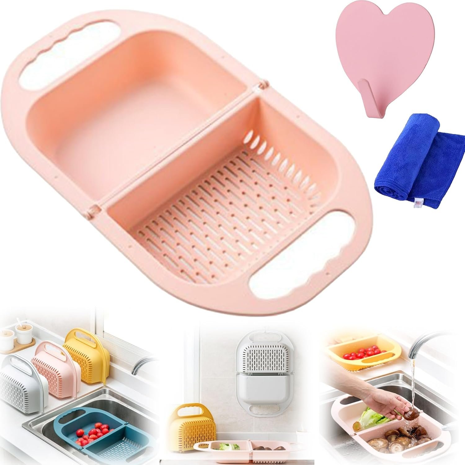 2-in-1-Strainer-Basket-Foldable Design, Foldable Kitchen Drain Basket, Set Plastic Kitchen Strainer Basket, Multifunction Plastic Hanging Mesh Drain Baskets (Pink)