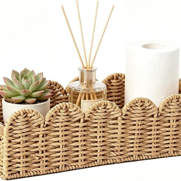 Upgraded Bathroom Storage Basket (With Cutout Handles)—Wavy-Edge Wicker Decorative Basket For Toilet Tank Tops Or Countertops; Also Suitable For Living Room Decor (Neutral Tones)