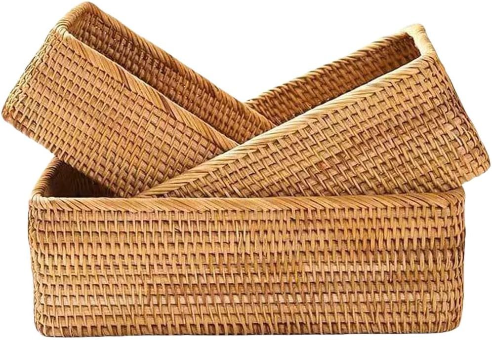 Rattan/Wicker Organizer Basket – Hand-Woven Fruit Basket; Decorative Basket for Kitchen Counter, Living Room, and Bathroom (3-Piece Set)