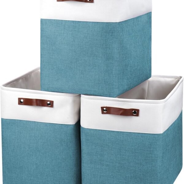Large Fabric Storage Baskets | 50L Storage Bins, Decorative Linen Closet Baskets with Handles for Organizing, Shelf, Toys, Clothes, Home, Office, Nursery, 17x12x15Inches (Teal&White)