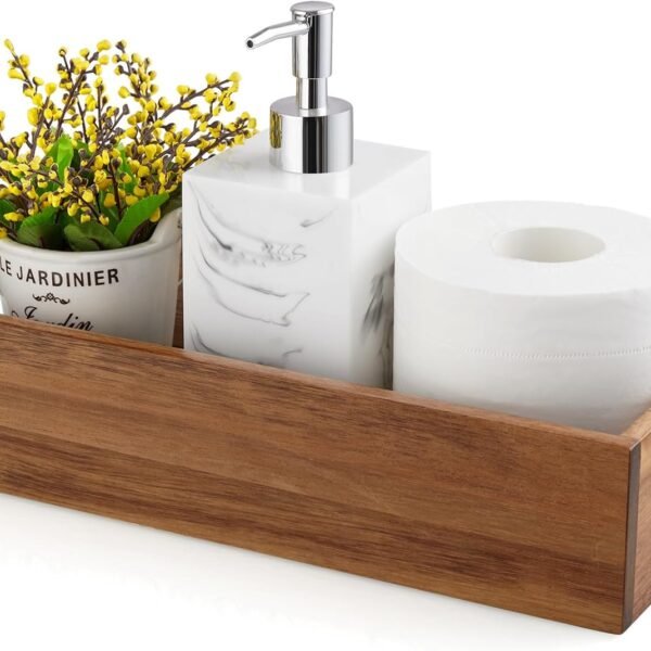 Acacia Wood Bathroom Organizer Basket – With Handles; Fits Over Toilet Tank; Also Suitable for Kitchen Pantry, Garage, or Laundry Room