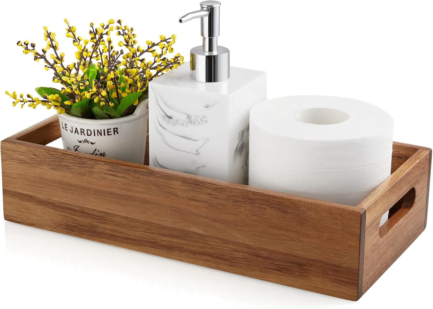 Acacia Wood Bathroom Organizer Basket – With Handles; Fits Over Toilet Tank; Also Suitable for Kitchen Pantry, Garage, or Laundry Room