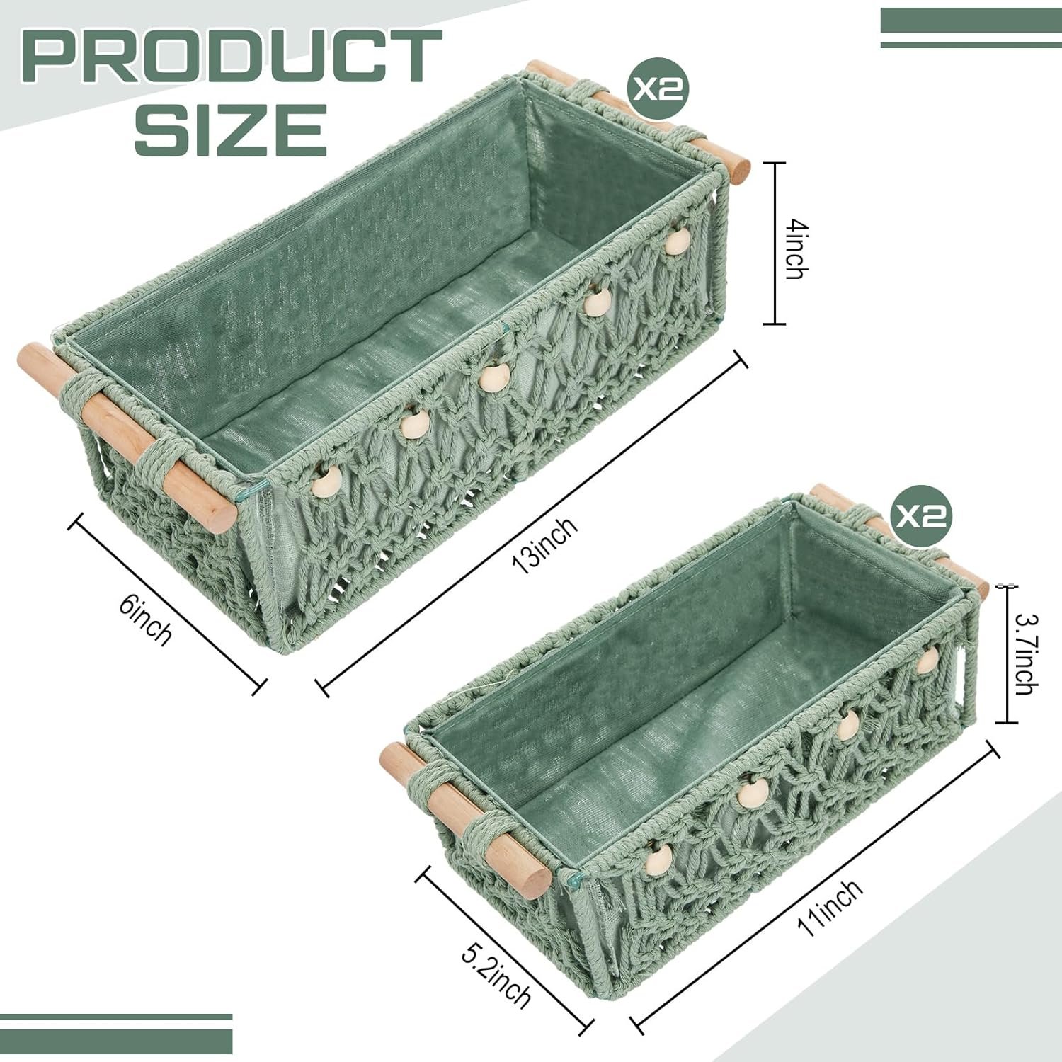 Sage Green Cotton Rope Storage Basket (With Wooden Handles), 4-Piece Set