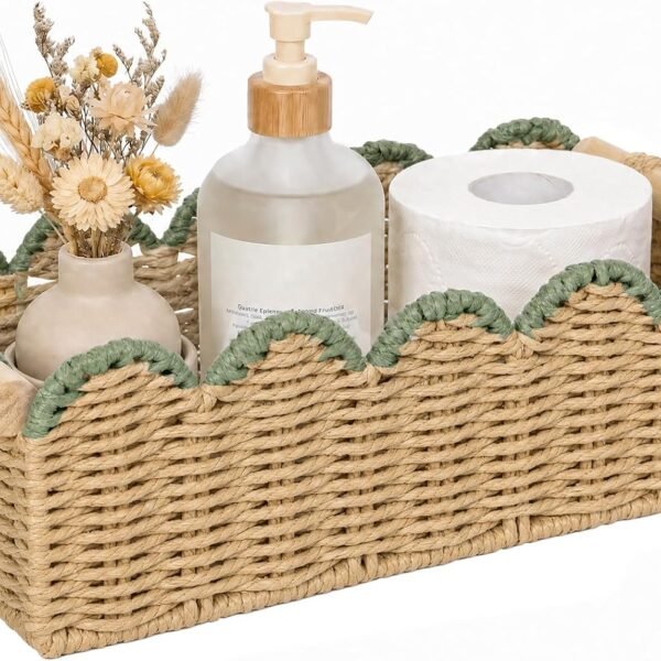 Toilet Paper Storage Basket – Hand-Woven Paper Rope Basket with Scalloped Edges
