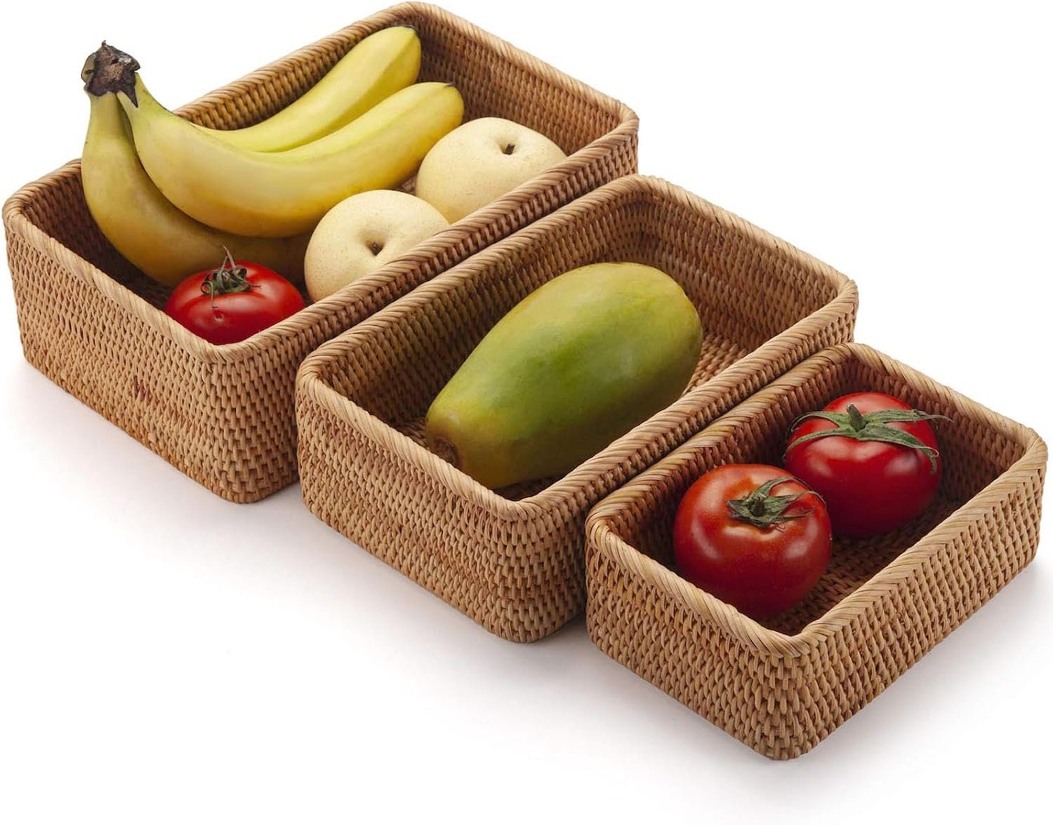 Rattan/Wicker Organizer Basket – Hand-Woven Fruit Basket; Decorative Basket for Kitchen Counter, Living Room, and Bathroom (3-Piece Set)