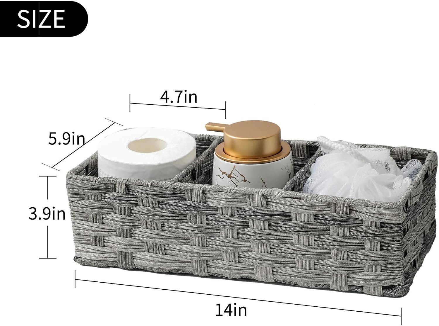 Toilet Tank Top Storage Basket—Versatile Hand-Woven Faux-Rattan Plastic Basket (With Divider); Suitable For Shelves, Farmhouse-Style Bathroom Decor, And Countertop Storage