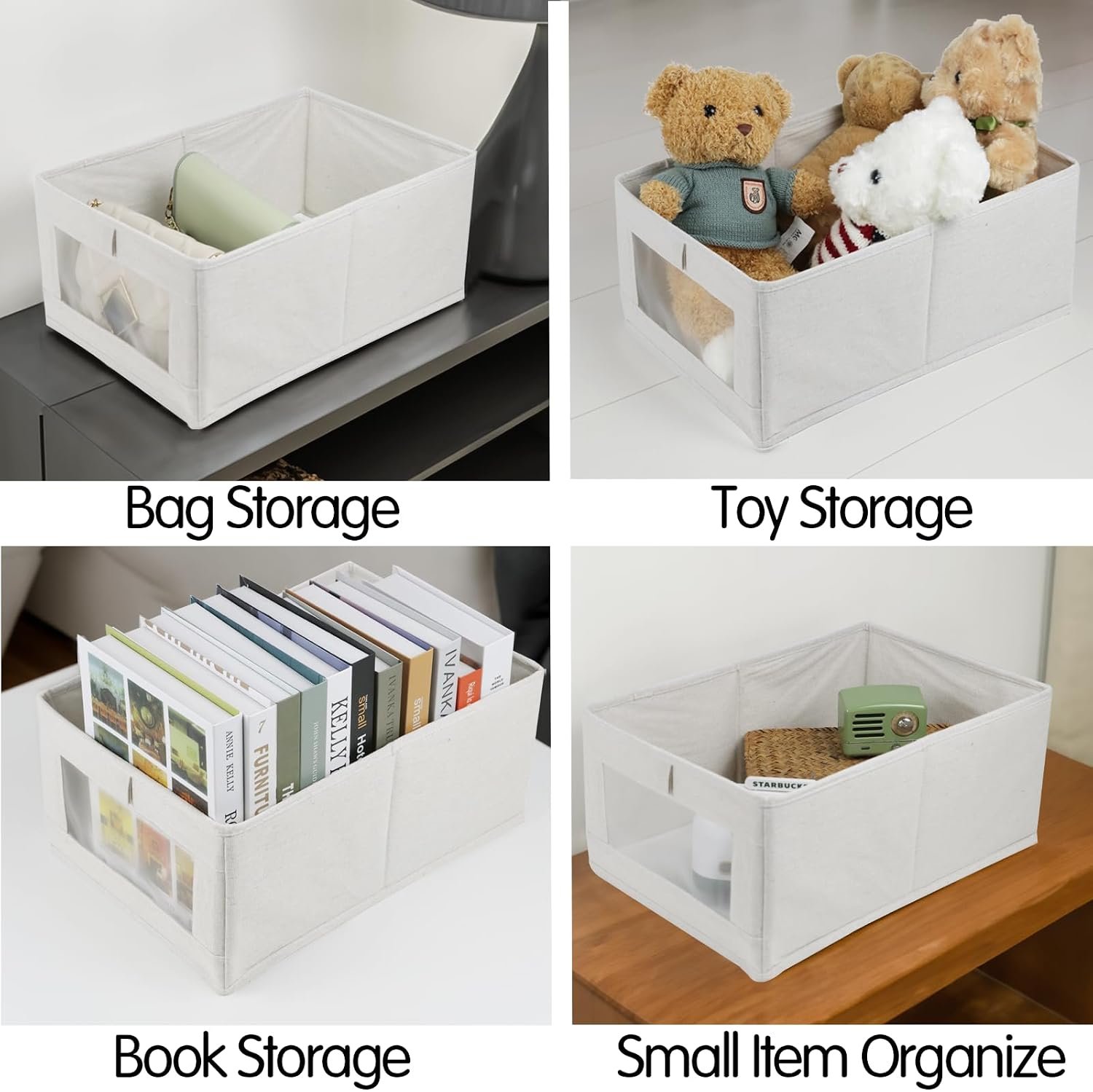 Linen Storage Bins (4-Piece Set) — For organizing clothes, jeans, toys, and books; fits shelves, closets, and wardrobes; large storage baskets/boxes with viewing windows