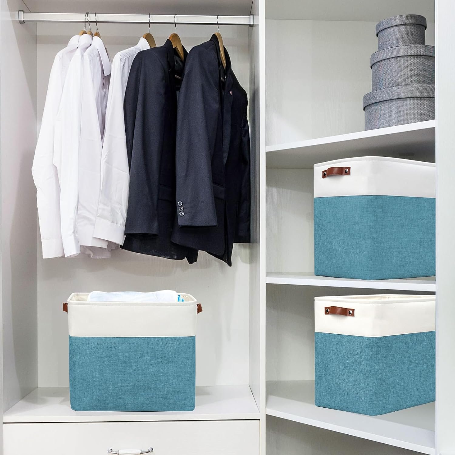Large Fabric Storage Baskets | 50L Storage Bins, Decorative Linen Closet Baskets with Handles for Organizing, Shelf, Toys, Clothes, Home, Office, Nursery, 17x12x15Inches (Teal&White)