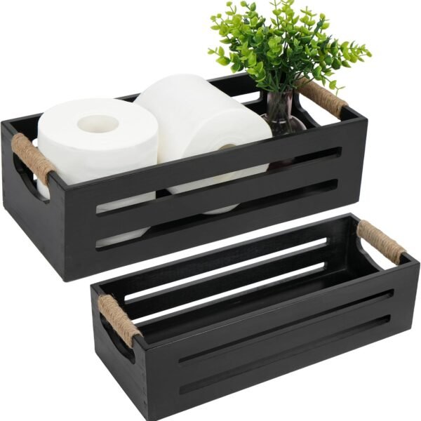 Bathroom Decorative Storage Box – Over-the-Toilet Tank Basket (2-Piece Set), Wooden Bathroom Basket, Black Farmhouse-Style Toilet Paper Holder