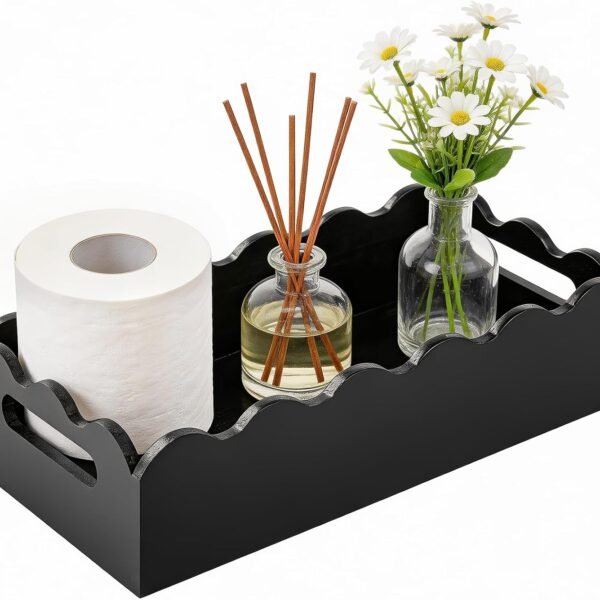 Scalloped-Edge Toilet Paper Storage Basket – Pine Wood with Handles; Fits Over Toilet Tank or on Bathroom Counter/Shelf (Black)