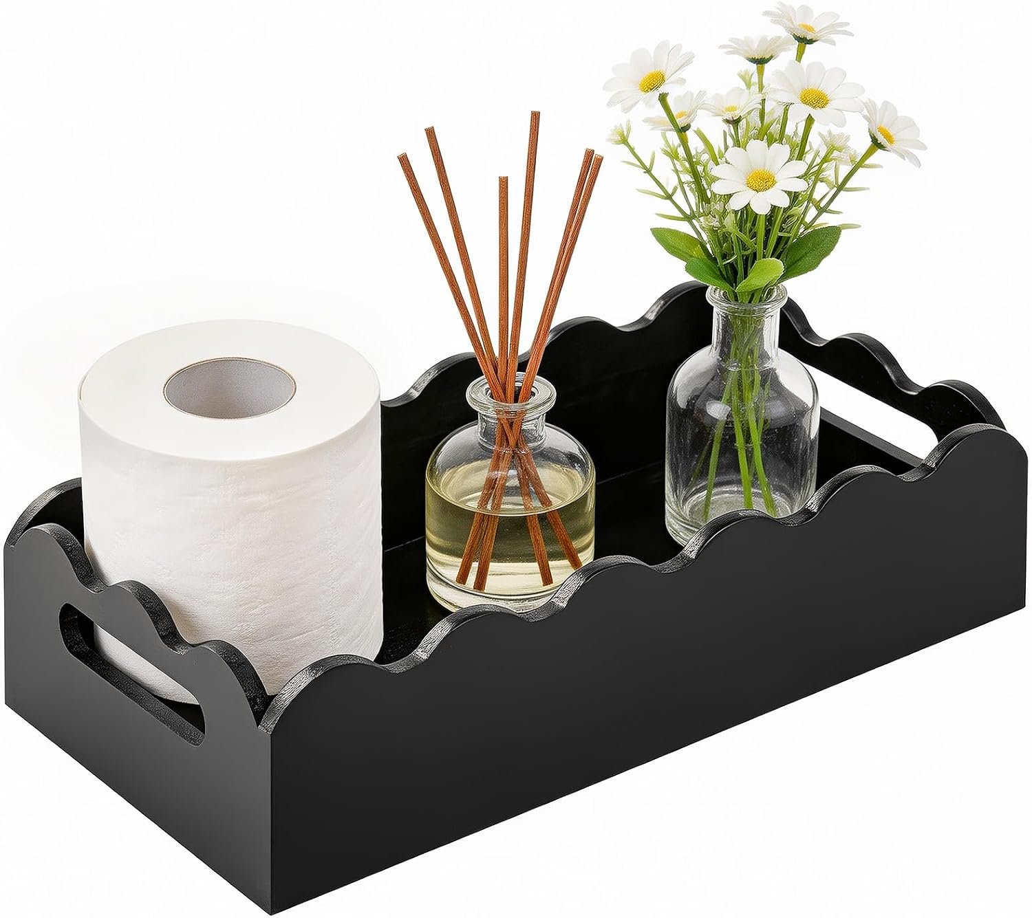 Scalloped-Edge Toilet Paper Storage Basket – Pine Wood with Handles; Fits Over Toilet Tank or on Bathroom Counter/Shelf (Black)