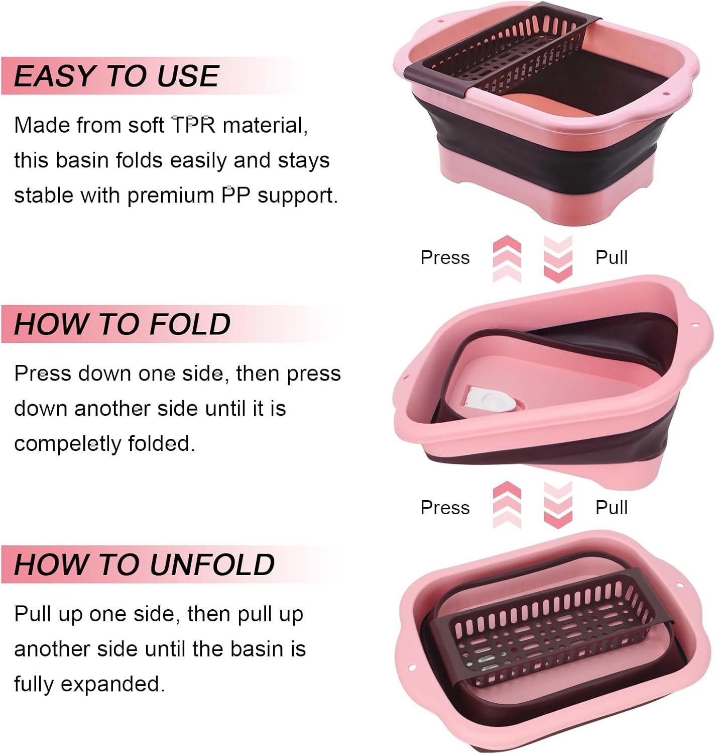 2.9 Gal(11L) Collapsible Dish Basin, Foldable Dish Tub & Dishpan for Kitchen Sink with Drain Plug, Outdoor Portable Wash Basin for Vegetable Washing, Camping, RV (Pink)