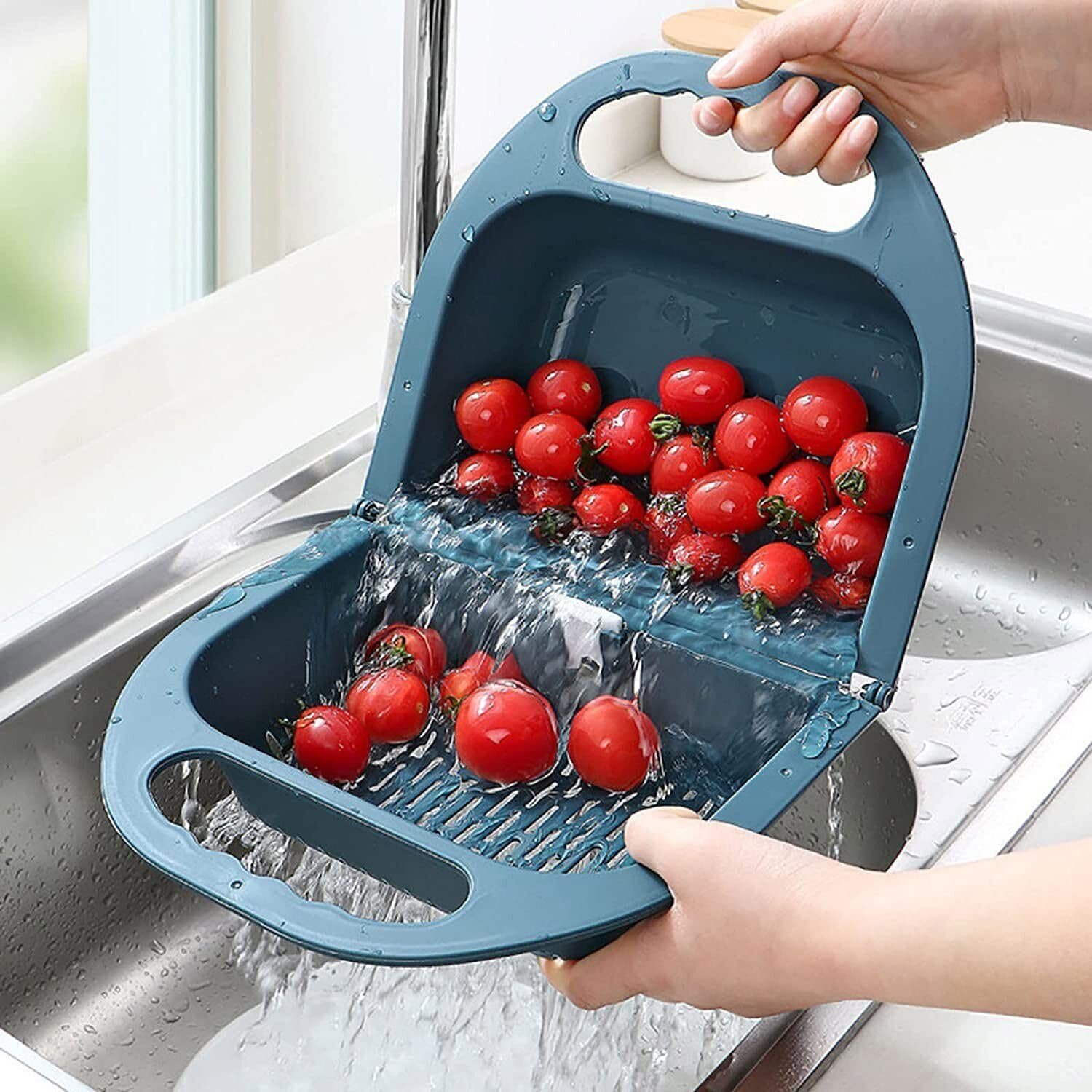 2-in-1-Strainer-Basket-Foldable Design, Foldable Kitchen Drain Basket, Set Plastic Kitchen Strainer Basket, Multifunction Plastic Hanging Mesh Drain Baskets (Pink)