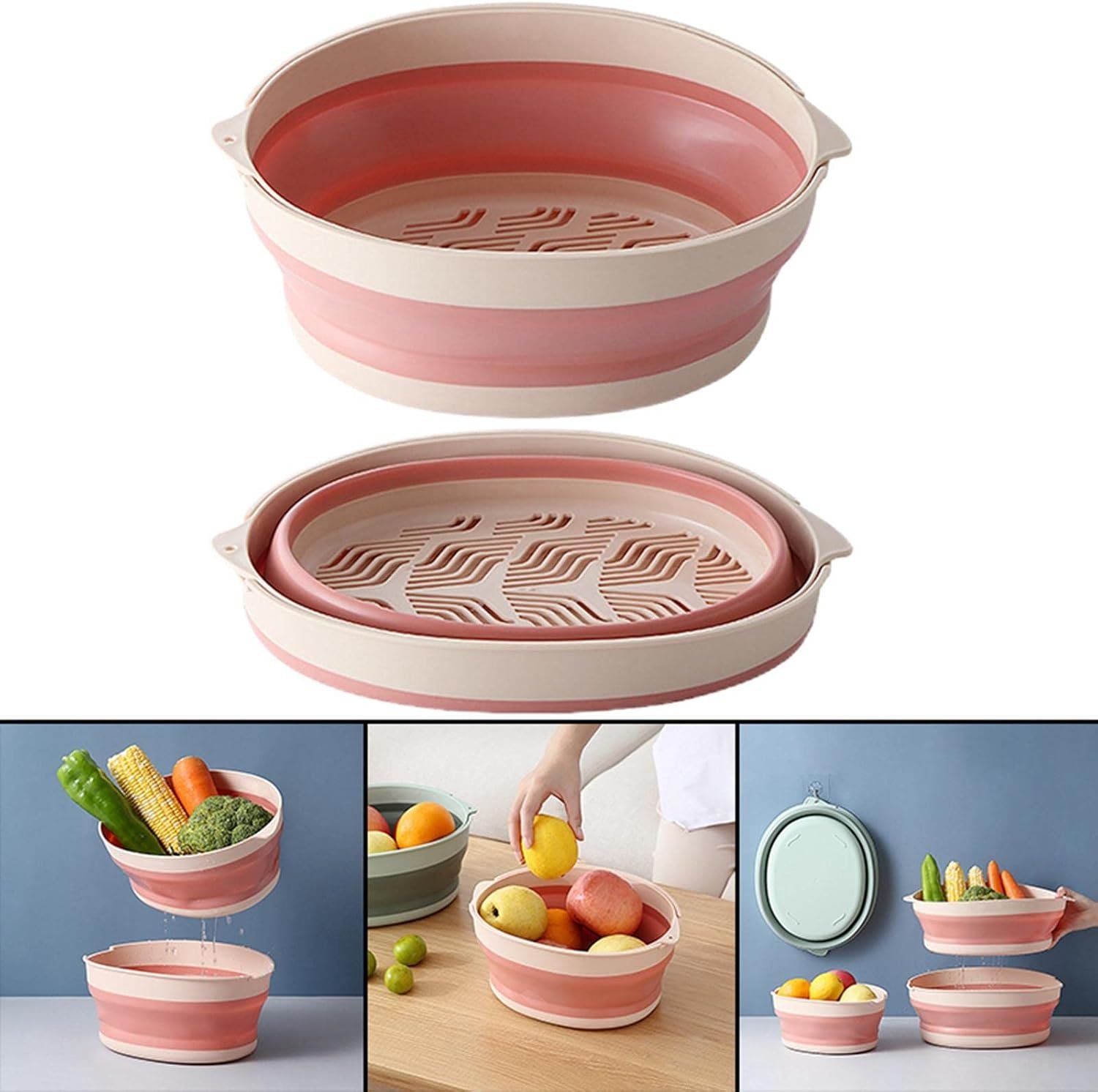 Folding Drain Basket Food Washing Basket Collapsible Fruit Vegetable Colander for Home Kitchen Restaurant (Pink)