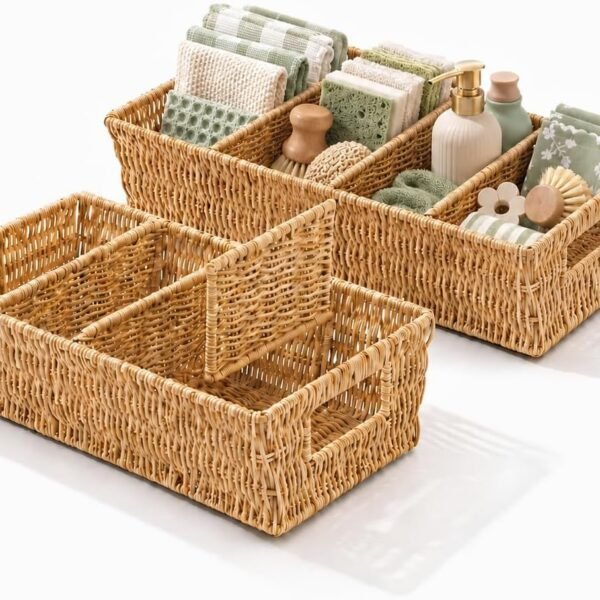 Rattan Pantry Storage Basket Set (2-Piece) – With Removable Dividers