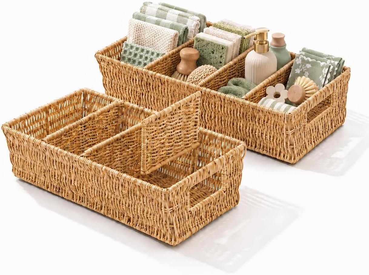 Rattan Pantry Storage Basket Set (2-Piece) – With Removable Dividers