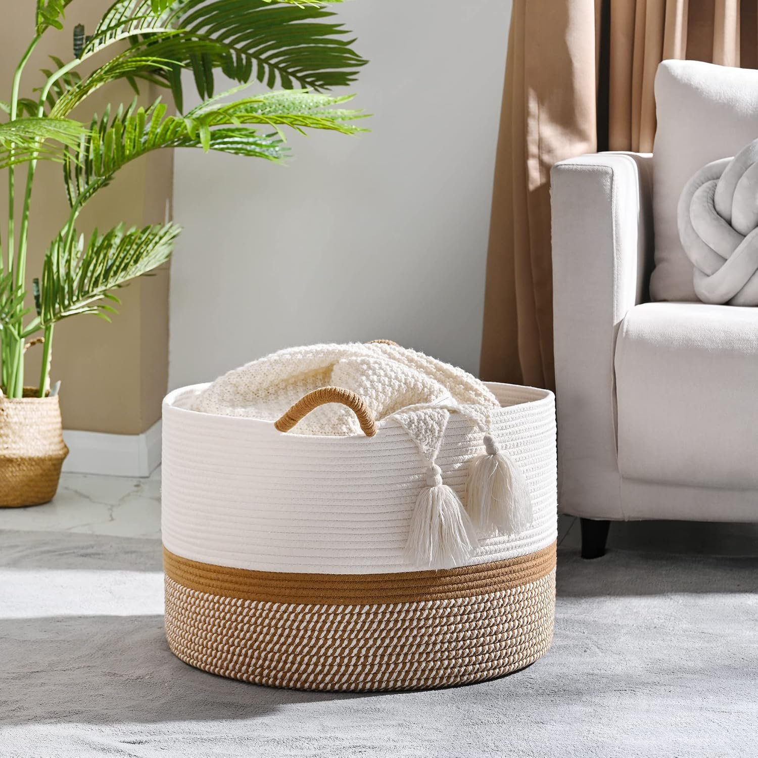 Large Blanket Basket (20"x13"),Woven Baskets for storage Baby Laundry Hamper, Cotton Rope Blanket Basket for Living Room, Laundry, Nursery, Pillows, Baby Toy chest (White/Brown)