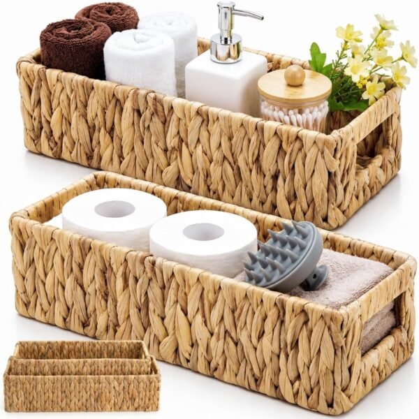 2-Piece Wicker Storage Basket Set—Water Hyacinth Toilet Paper Baskets; Rectangular Natural Material Baskets With Built-In Handles, Suitable For Bathrooms, Kitchens, Pantries, And Toilet Tank Tops