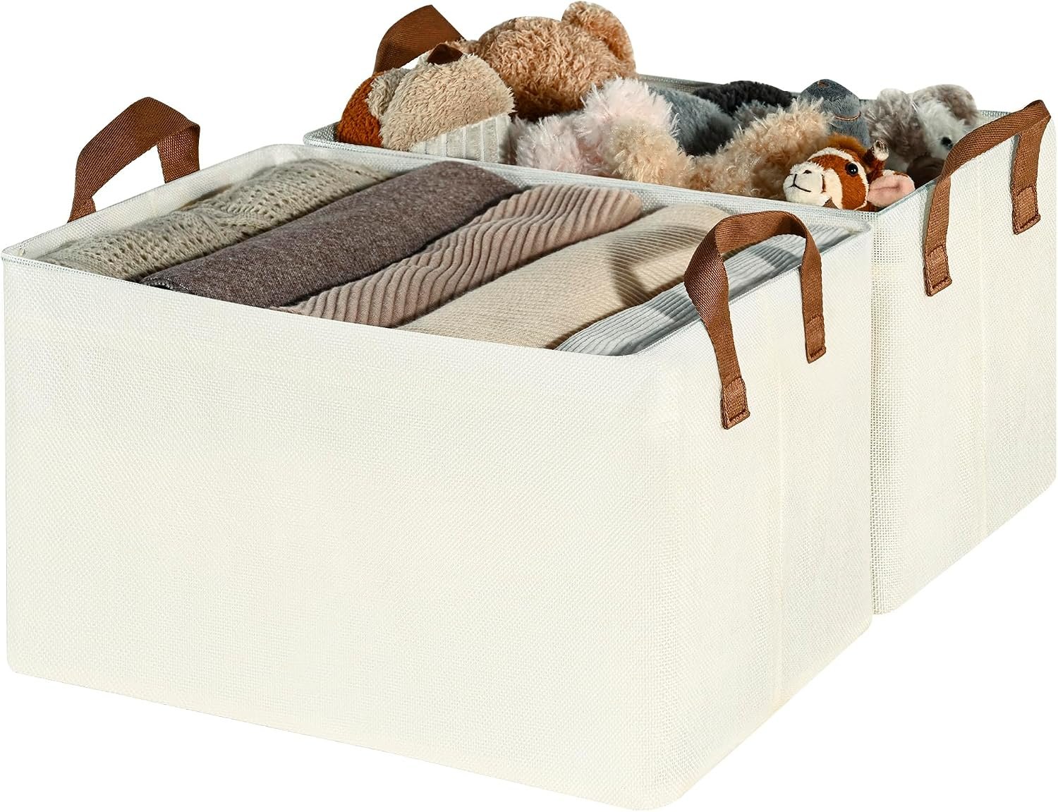Shelf Storage Baskets/Closet Storage Bins (2-Piece Set) — Clothing storage bins with metal frames; large, foldable organizing baskets; ivory white