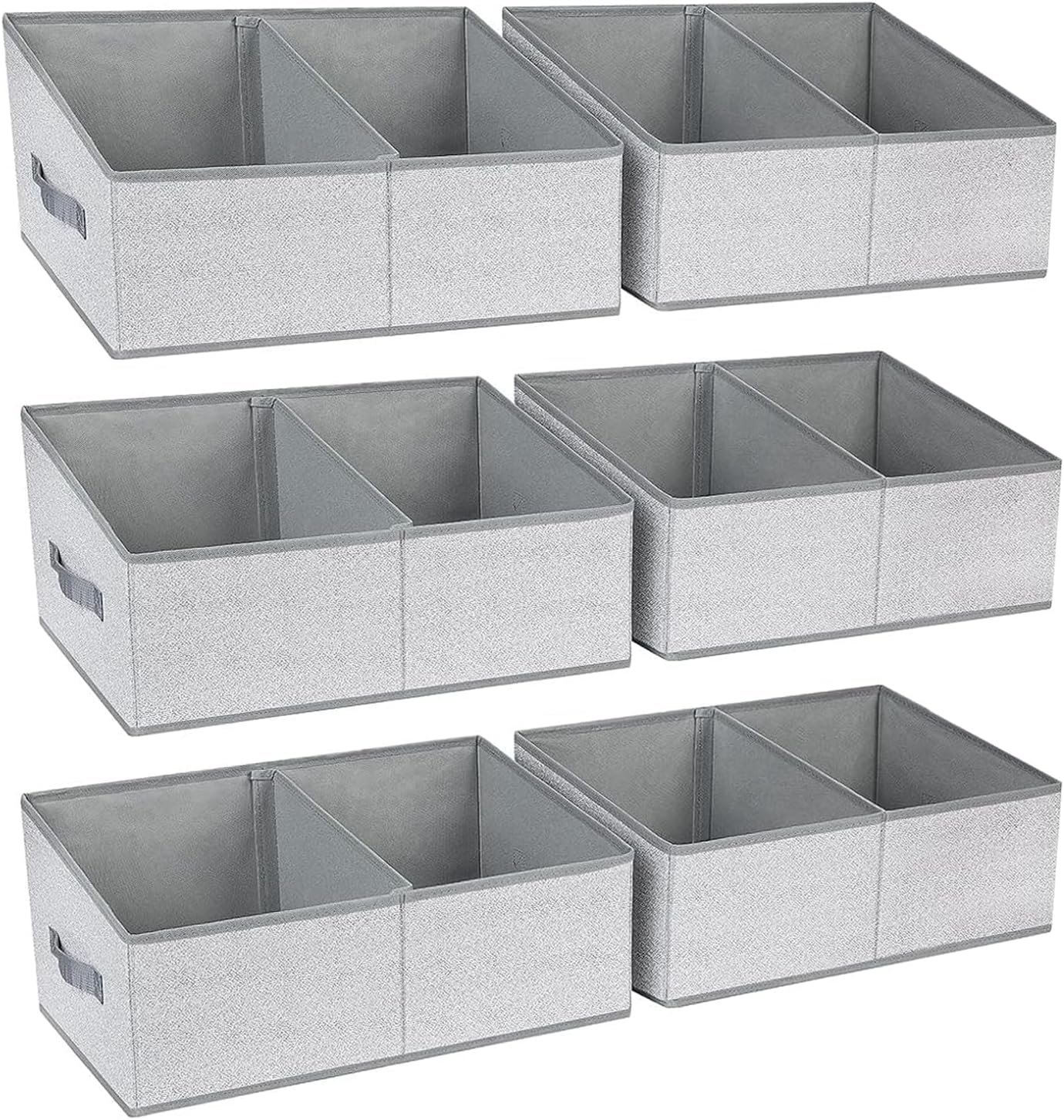 Large Closet Shelf Organizer Bins 6 Packs with Handles and Divider, Fabric Trapezoid Storage Baskets, Foldable Clothes Containers Box for Shelf, Towel, Book, Toy, Purse, Hats, Grey