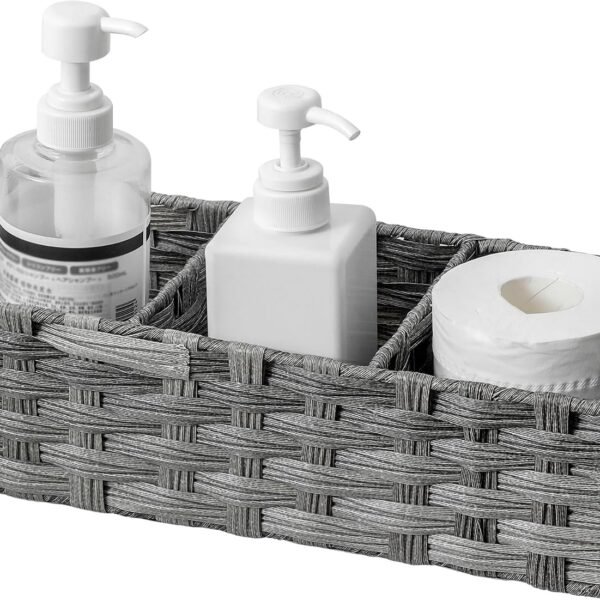 Toilet Tank Top Storage Basket—Versatile Hand-Woven Faux-Rattan Plastic Basket (With Divider); Suitable For Shelves, Farmhouse-Style Bathroom Decor, And Countertop Storage
