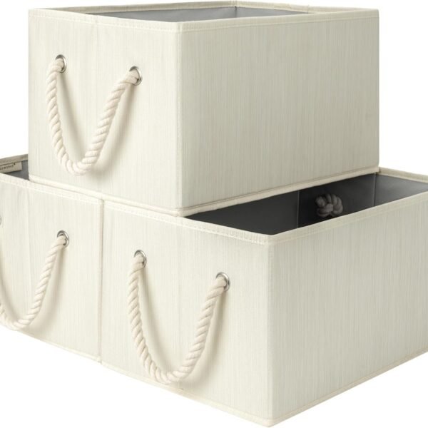 Storage Baskets for Shelves, Foldable Fabric Closet Storage Bins with Handles, Fabric Storage Bins Clothes Organizer, Beige, White & Ivory, 3-Pack, Large