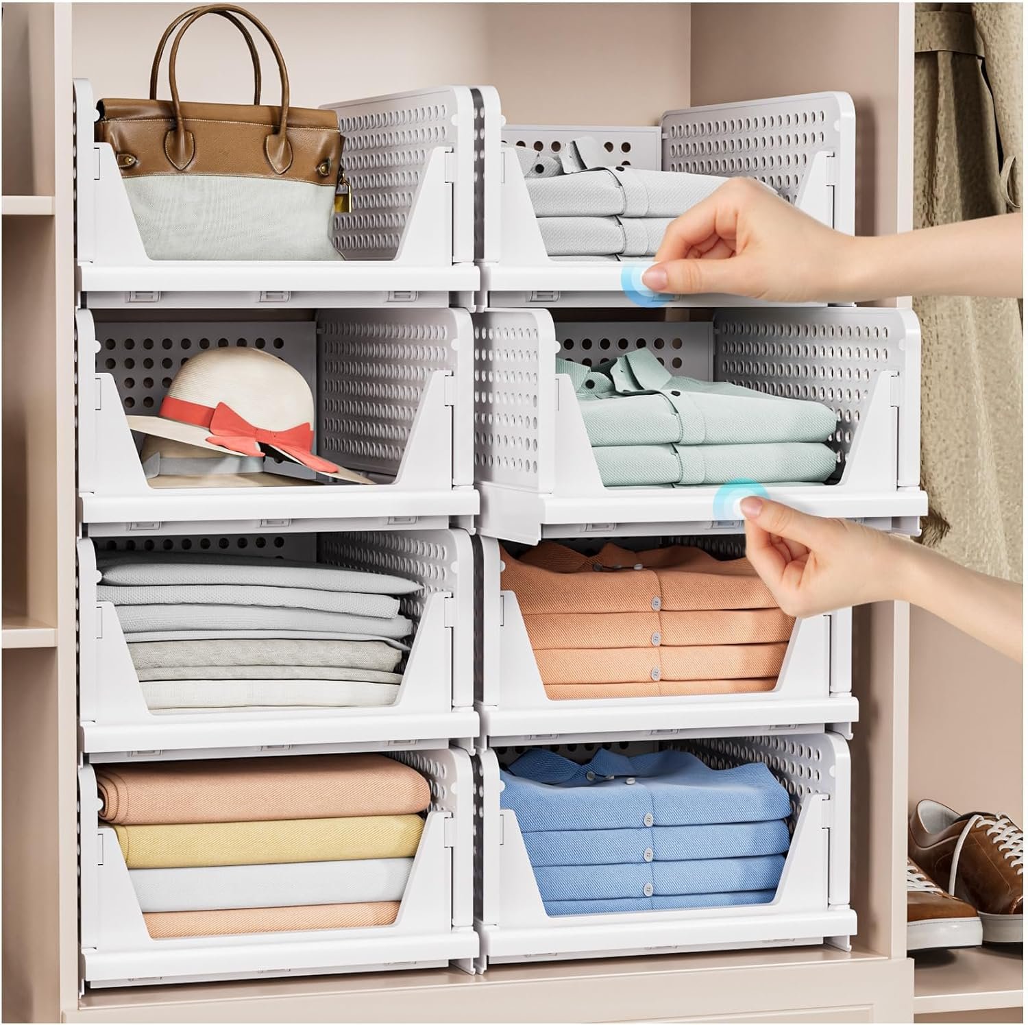 Stackable closet storage basket 5-pack—multifunctional collapsible wardrobe storage bin, space-saving, suitable for closets, cupboards, and drawers (for hats, etc.), white