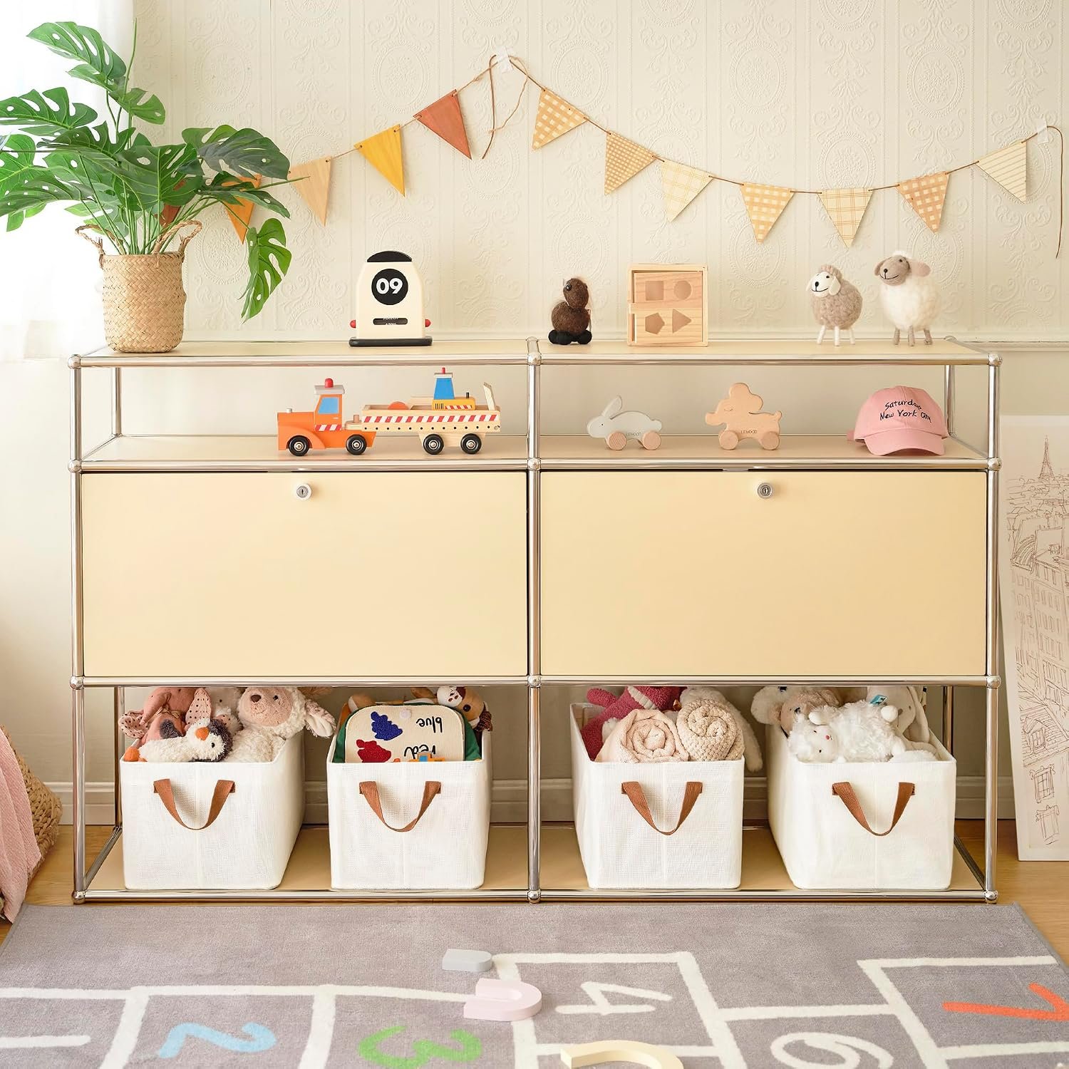 Shelf Storage Baskets/Closet Storage Bins (2-Piece Set) — Clothing storage bins with metal frames; large, foldable organizing baskets; ivory white