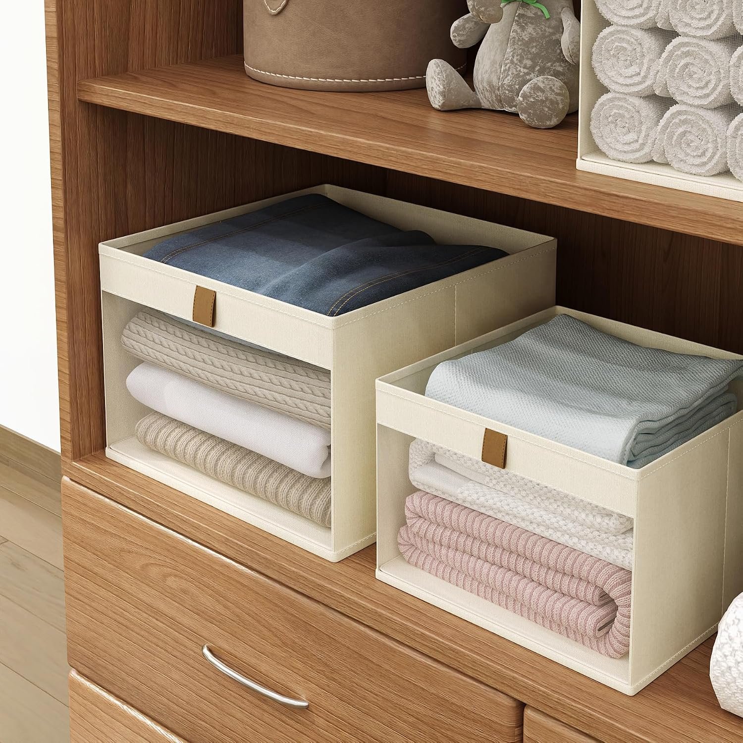 Linen Closet Organizers and Storage, Closet Storage Bins Basket Organizer, Foldable Organization Baskets with Mesh Window for Clothes Towels and Toys, 12.75" x 12.75" x 9", Beige, 4 pack