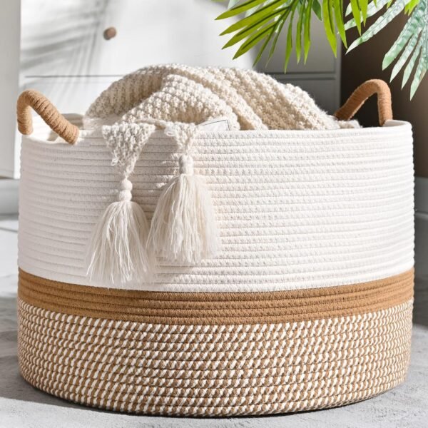 Large Blanket Basket (20"x13"),Woven Baskets for storage Baby Laundry Hamper, Cotton Rope Blanket Basket for Living Room, Laundry, Nursery, Pillows, Baby Toy chest (White/Brown)