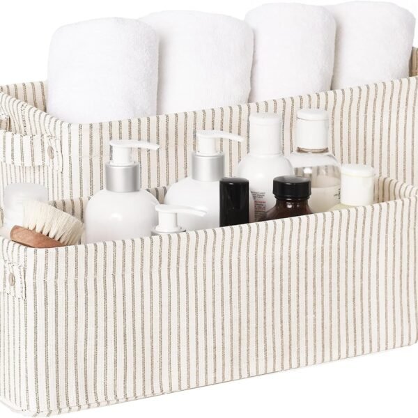 Narrow Fabric Storage Basket (Khaki And Beige Stripes), 2-Piece Set