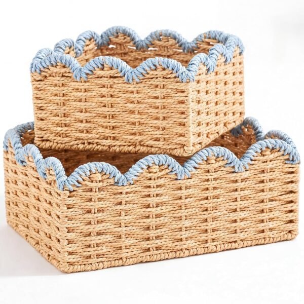 Scalloped-Edge Rattan Basket – Hand-Woven Basket, Blue, 2-Piece Set