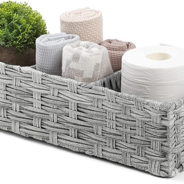 [Large Compartment] Toilet Tank Top Storage Basket—Versatile Hand-Woven Faux-Rattan Plastic Basket (With Divider); Farmhouse-Style Bathroom Decor And Countertop Storage