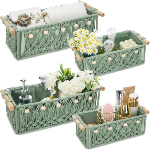 Sage Green Cotton Rope Storage Basket (With Wooden Handles), 4-Piece Set