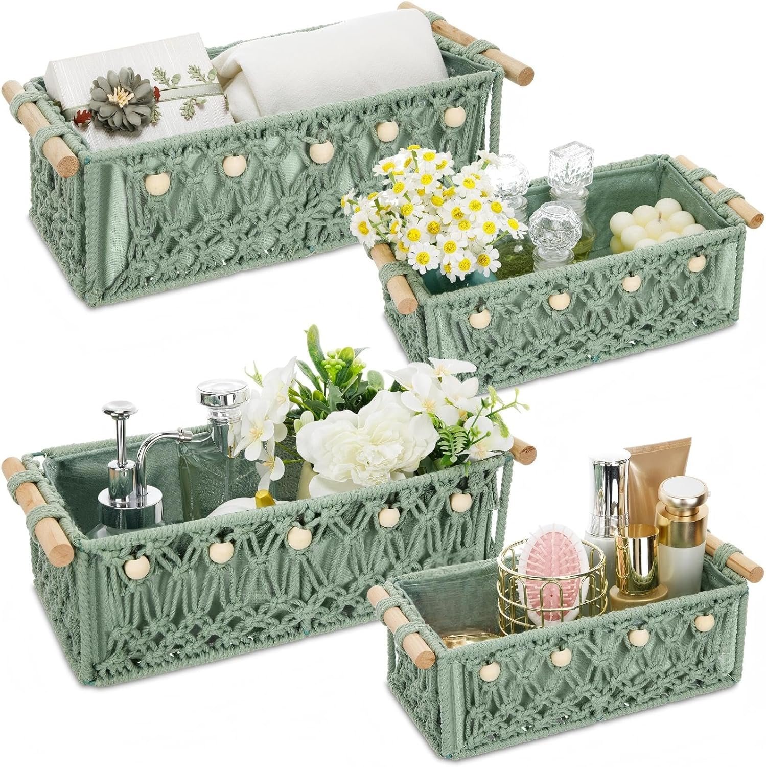 Sage Green Cotton Rope Storage Basket (With Wooden Handles), 4-Piece Set