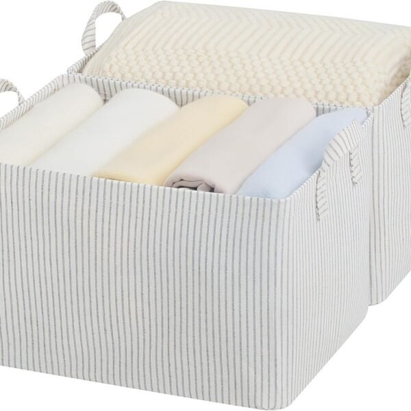 Fabric Storage Bins (2-Piece Set) — For shelves; large storage baskets with metal frames and handles; closet storage bins; khaki and beige striped