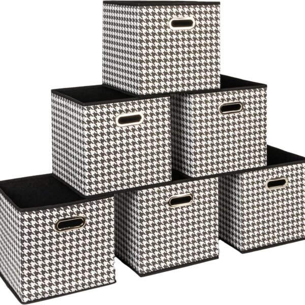 Fabric storage bin 6-pack, black and white houndstooth pattern