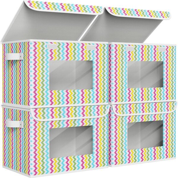 Fabric Foldable Storage Boxes [4-Pack] Large Collapsible Stackable Storage Bins with Lids, Closet Organizers and Storage Cube Basket for Home, Office, Bedroom (Colorful, 17”x 12” x 12”)