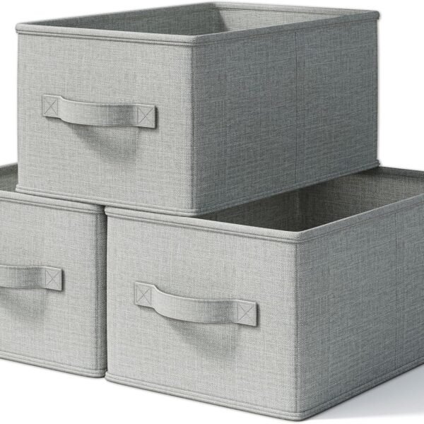3 Pack Fabric Storage Bins for Shelves | 14.75x10.25x8.25 in Storage Baskets | Fabric Closet Organizers with Handles Home Organization | Linen Clothes Storage Bins | Light Gray